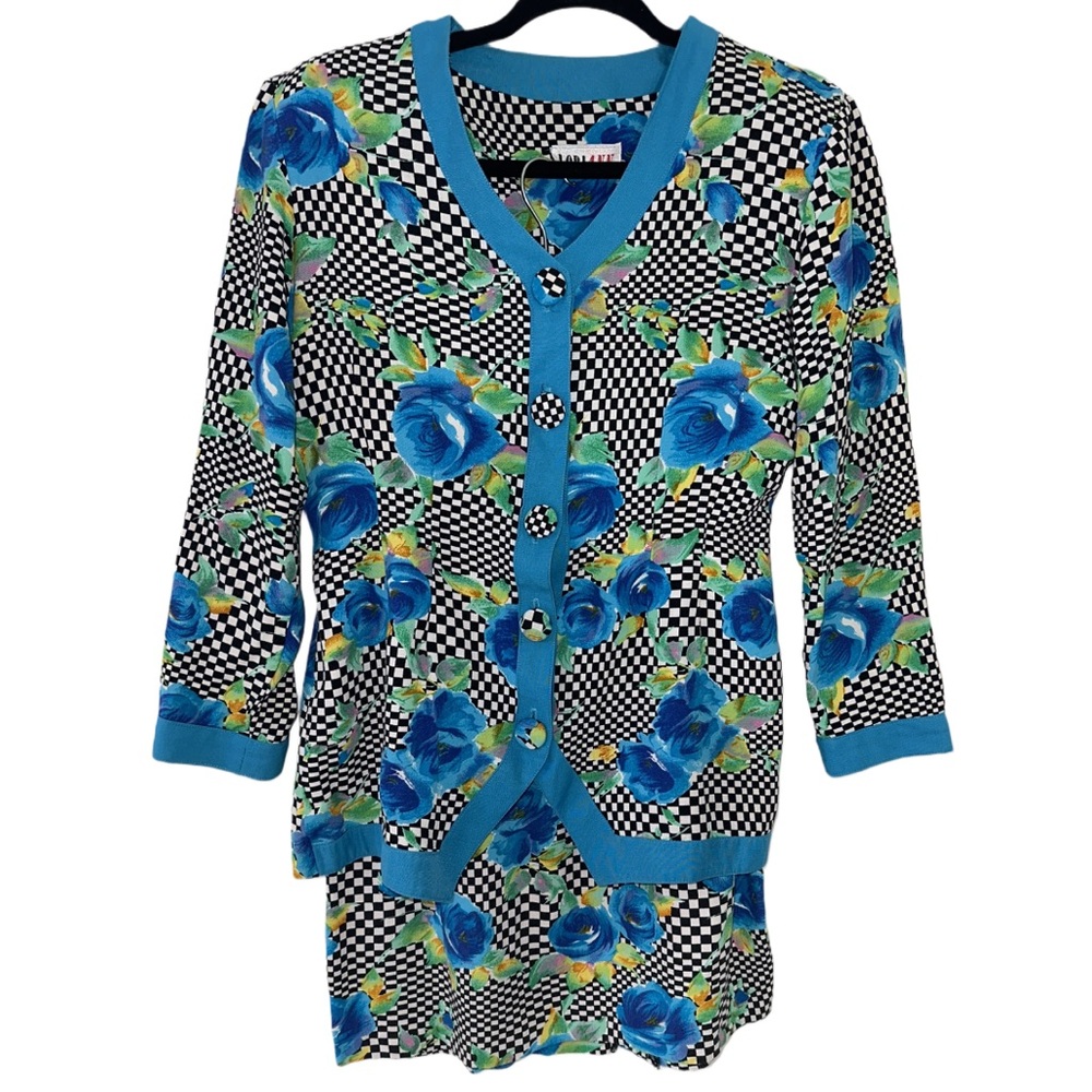 80s LORI ANNE women's blue checkered floral 2pc jacket & skirt set, M.